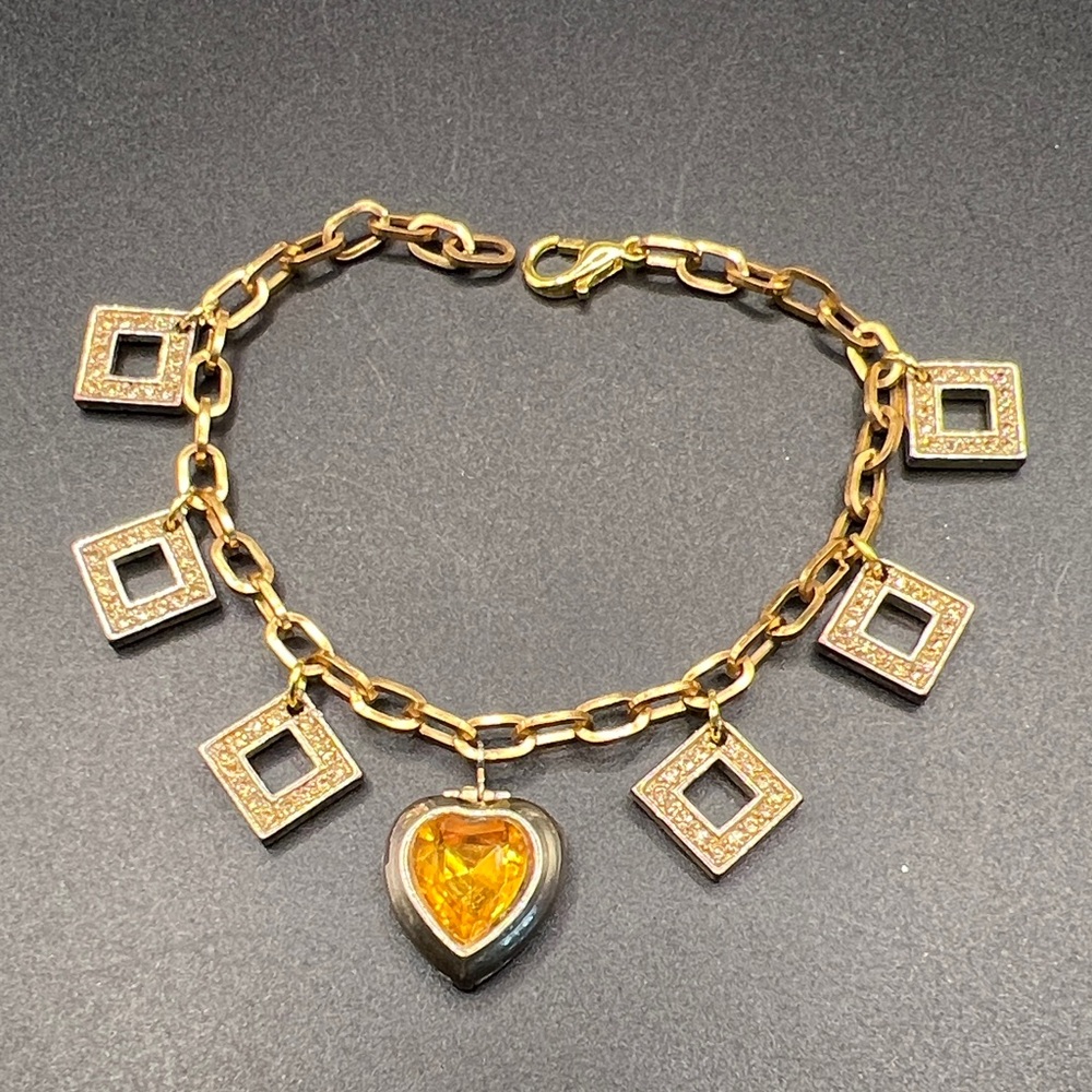 Vintage Charm Bracelet with Locket Heart and Square Charms